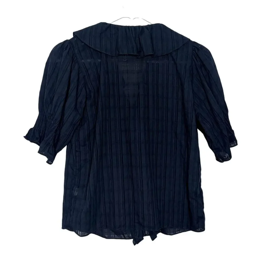 Madewell Ruffle Puff-Sleeve Peplum Top in Windowpane XXS Navy Preppy Romantic